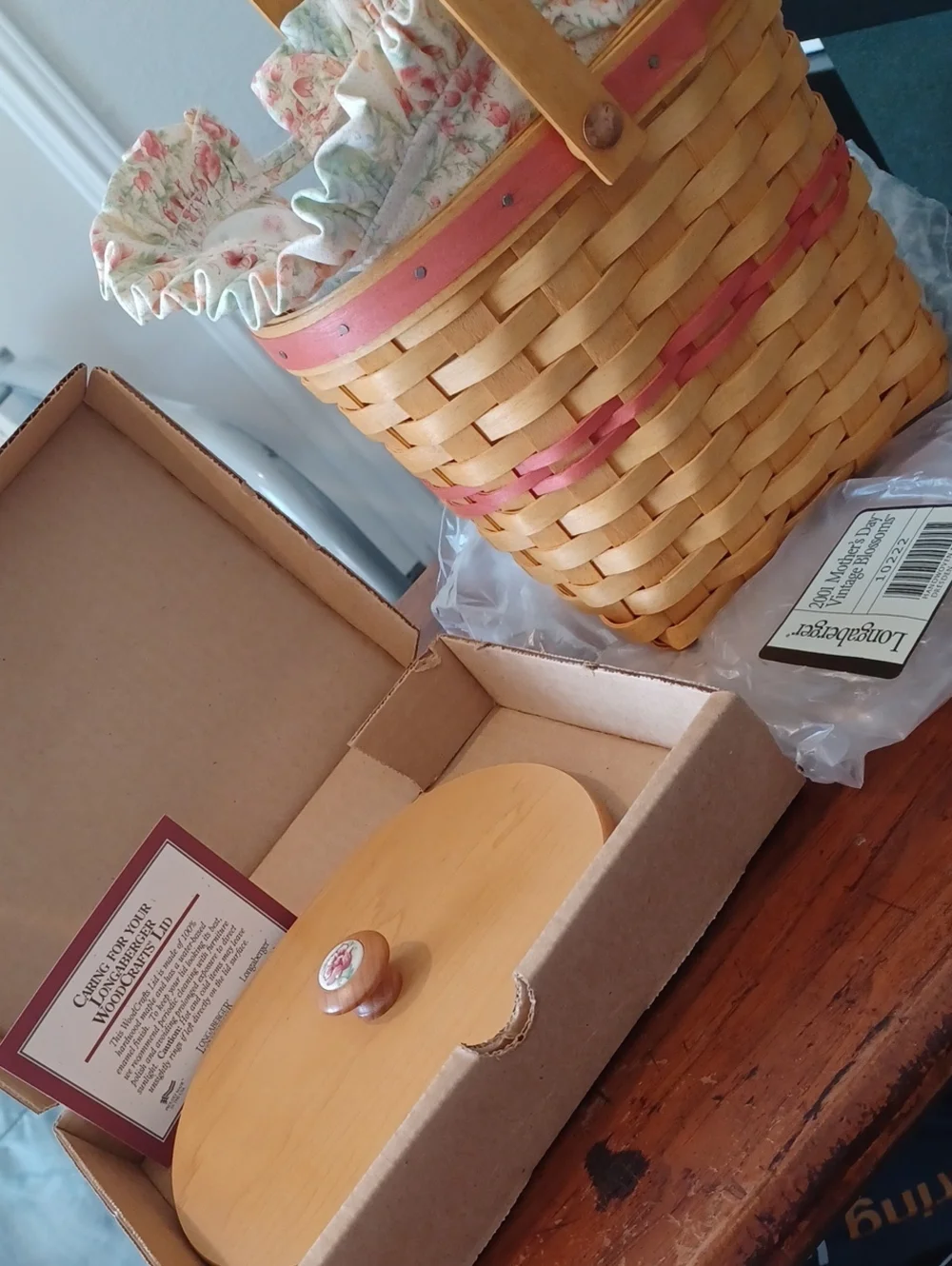 Longaberger Wooden Basket Lid with Floral Knob - Natural Wood and Pink & Basket